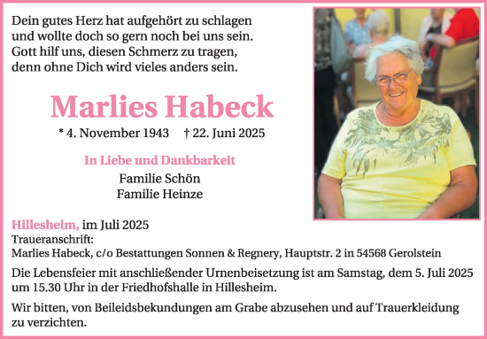 Traueranzeige von Marlies Habeck von WochenSpiegel