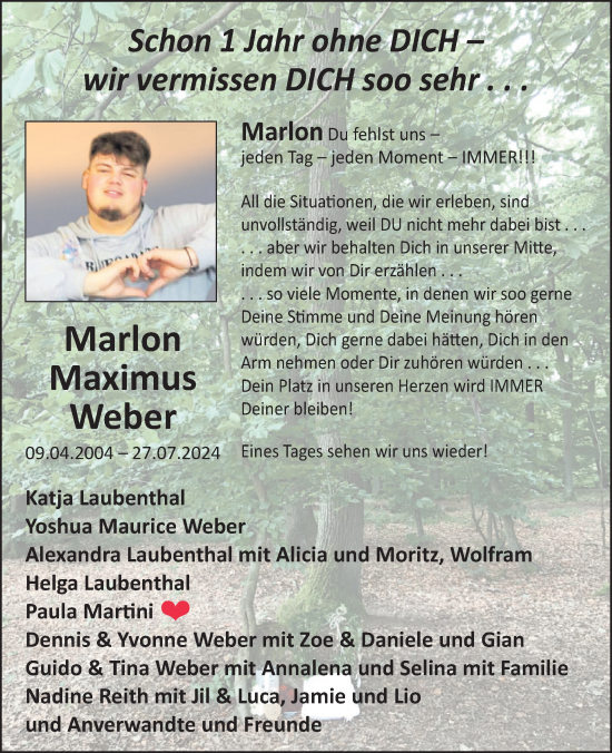 Traueranzeige von Marlon Maximus Weber von WochenSpiegel