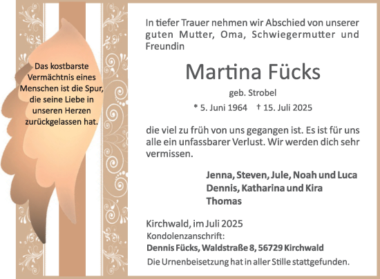 Traueranzeige von Martina Fücks von WochenSpiegel