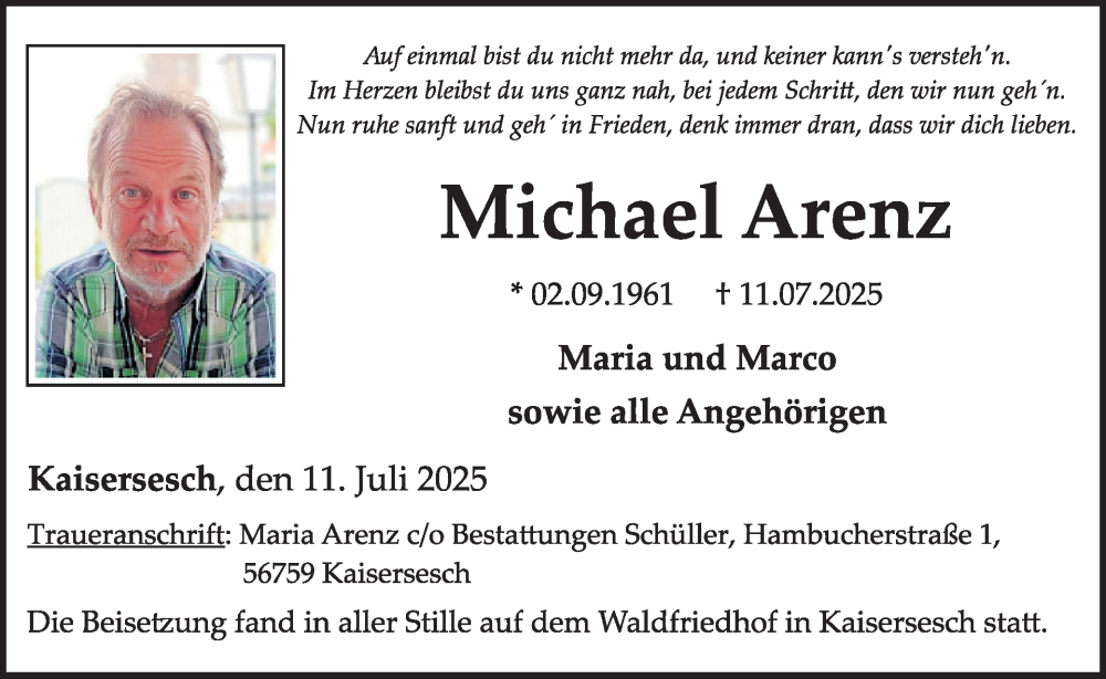  Traueranzeige für Michael Arenz vom 23.07.2025 aus WochenSpiegel