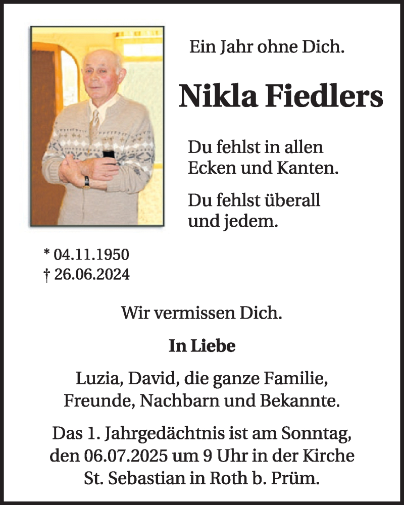  Traueranzeige für Nikla Fiedlers vom 04.07.2025 aus WochenSpiegel
