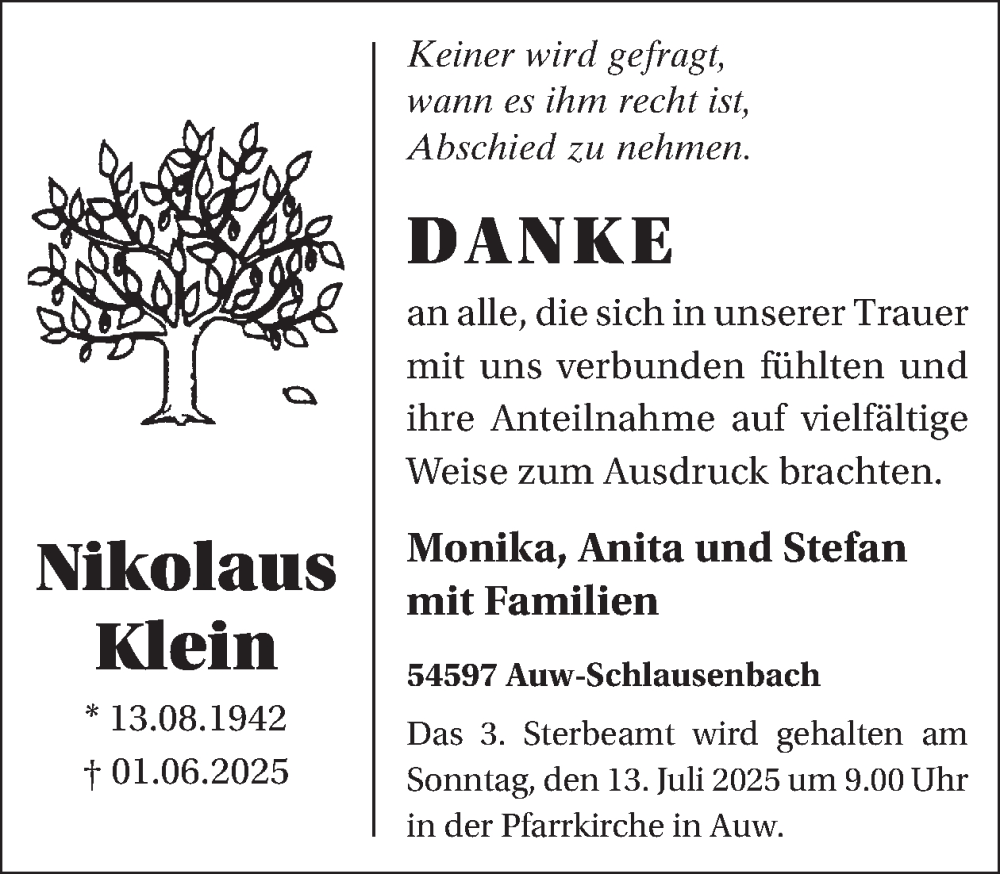  Traueranzeige für Nikolaus Klein vom 12.07.2025 aus WochenSpiegel
