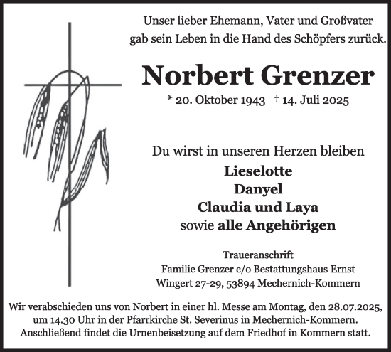 Traueranzeige von Norbert Grenzer von WochenSpiegel