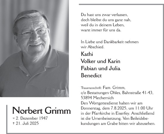 Traueranzeige von Norbert Grimm von WochenSpiegel