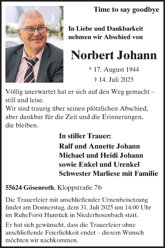 Traueranzeige von Norbert Johann von WochenSpiegel