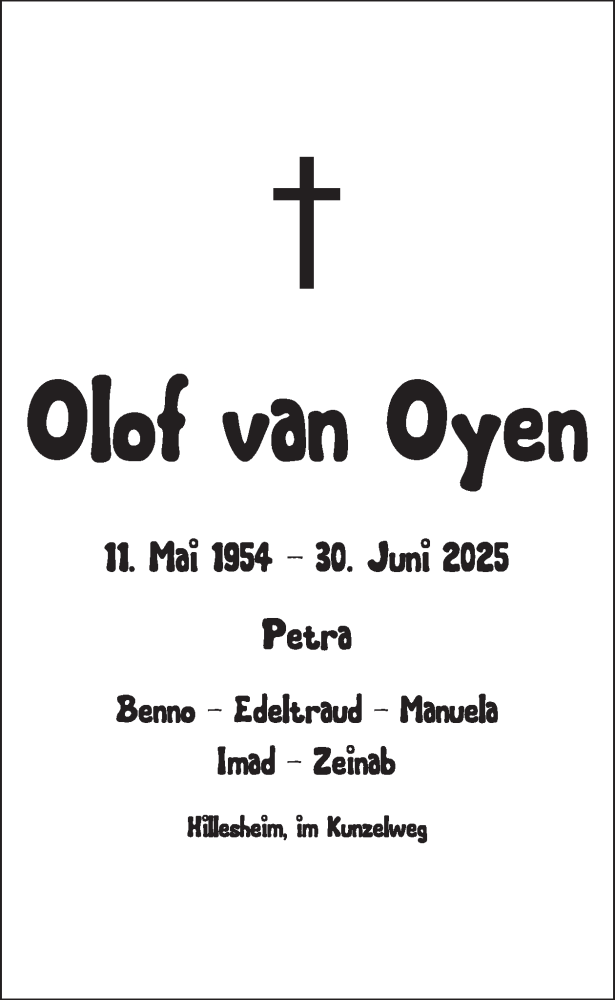  Traueranzeige für Olof van Oyen vom 12.07.2025 aus WochenSpiegel