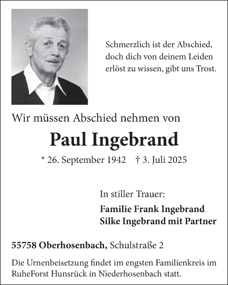  Traueranzeige für Paul Ingebrand vom 12.07.2025 aus WochenSpiegel