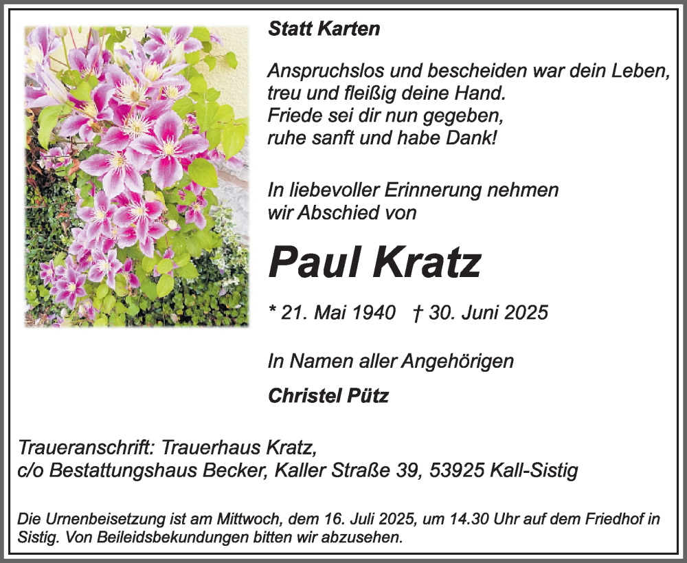  Traueranzeige für Paul Kratz vom 09.07.2025 aus WochenSpiegel