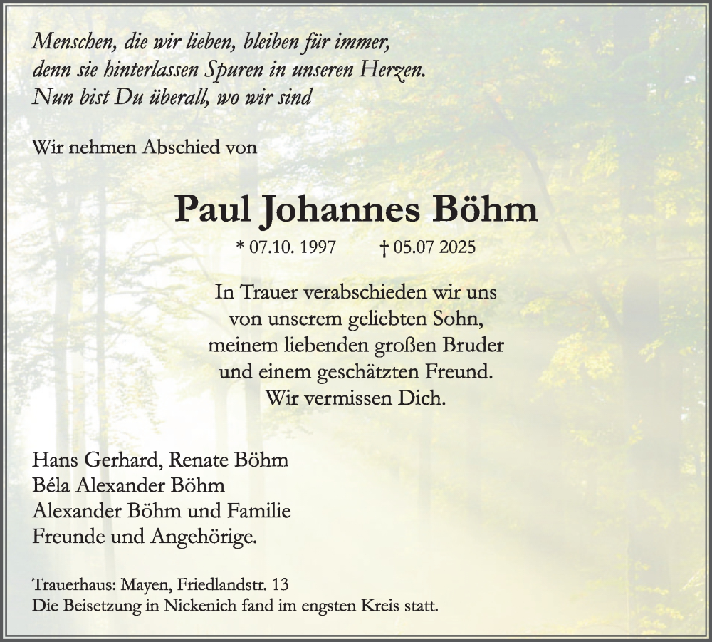  Traueranzeige für Paul Johannes Böhm vom 23.07.2025 aus WochenSpiegel