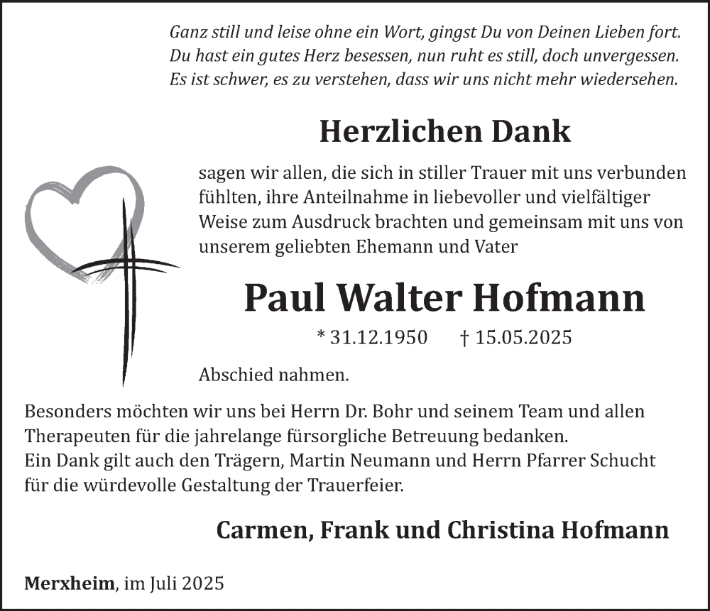  Traueranzeige für Paul Walter Hofmann vom 05.07.2025 aus WochenSpiegel