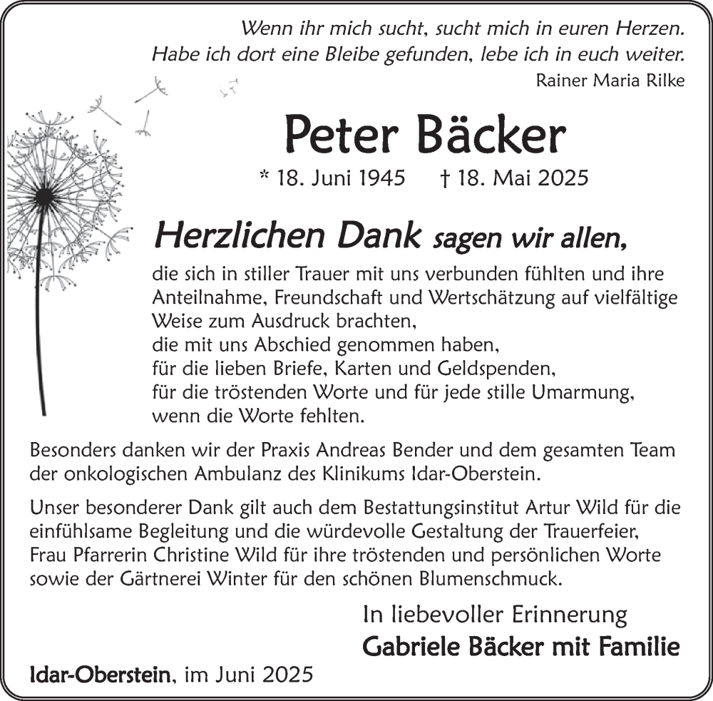  Traueranzeige für Peter Bäcker vom 12.07.2025 aus WochenSpiegel