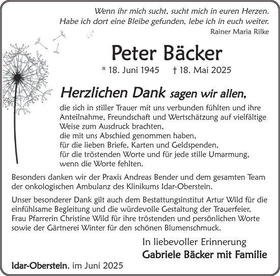 Traueranzeige von Peter Bäcker von WochenSpiegel