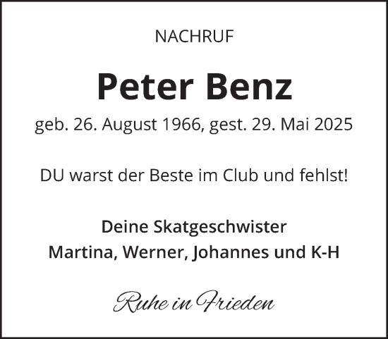 Traueranzeige von Peter Benz von WochenSpiegel