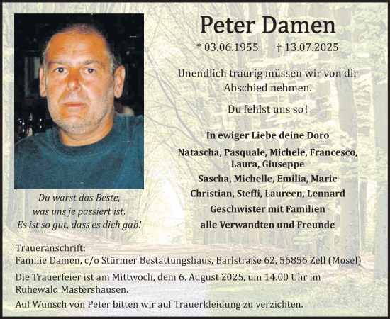 Traueranzeige von Peter Damen von WochenSpiegel