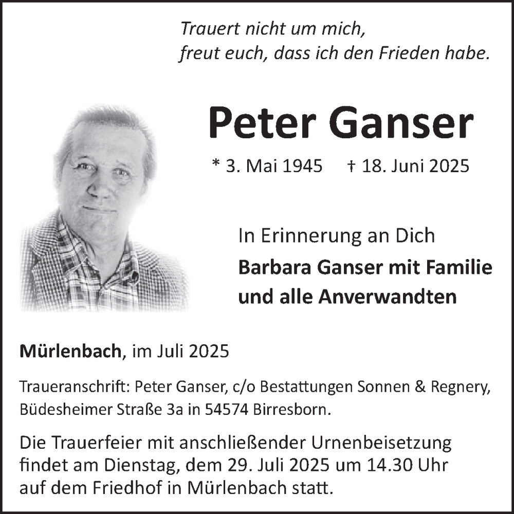  Traueranzeige für Peter Ganser vom 26.07.2025 aus WochenSpiegel