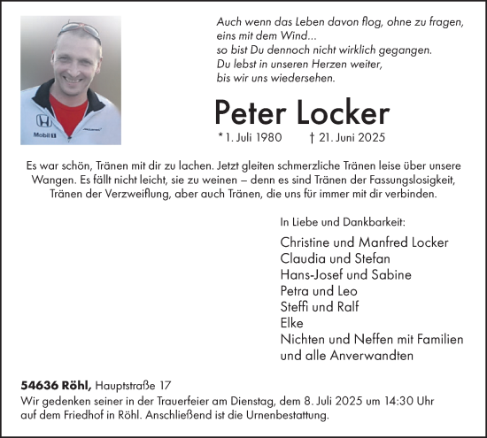 Traueranzeige von Peter Locker von WochenSpiegel