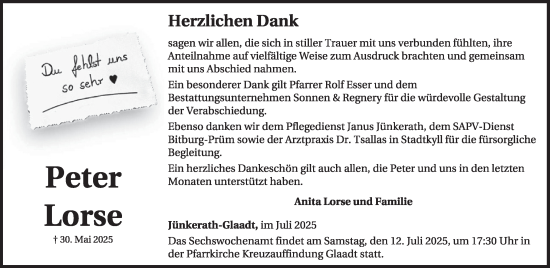 Traueranzeige von Peter Lorse von WochenSpiegel