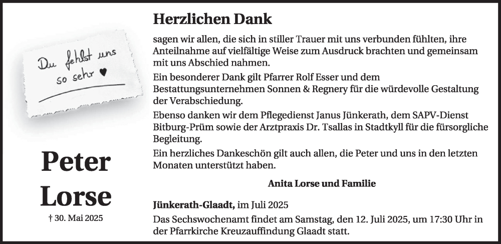  Traueranzeige für Peter Lorse vom 12.07.2025 aus WochenSpiegel