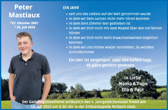 Traueranzeige von Peter Mastiaux von WochenSpiegel