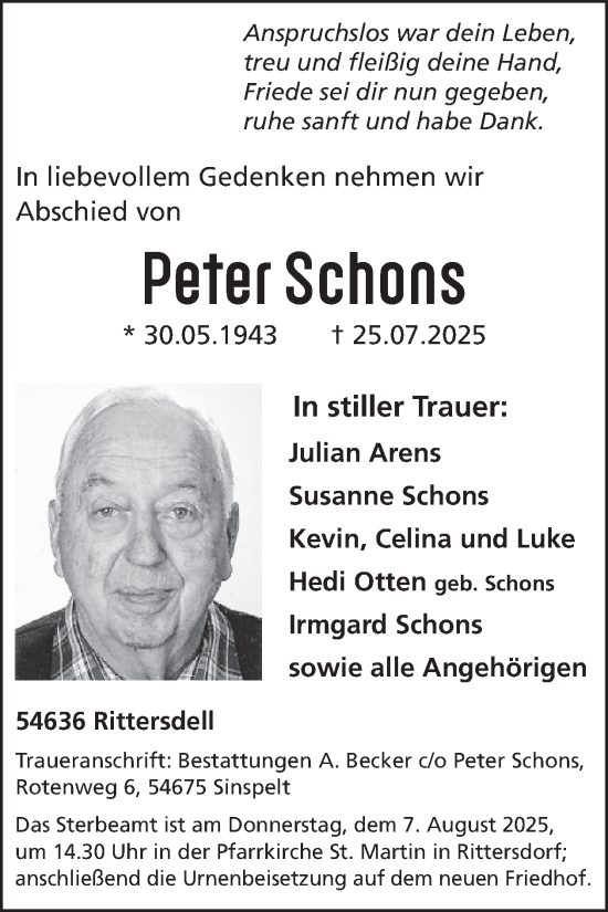 Traueranzeige von Peter Schons von WochenSpiegel