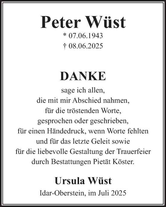 Traueranzeige von Peter Wust von WochenSpiegel