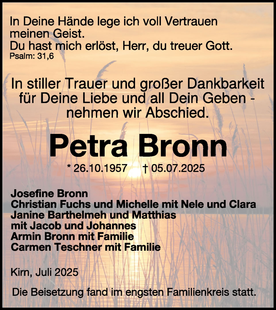  Traueranzeige für Petra  Bronn vom 26.07.2025 aus WochenSpiegel