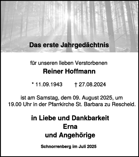 Traueranzeige von Reiner Hoffmann von WochenSpiegel