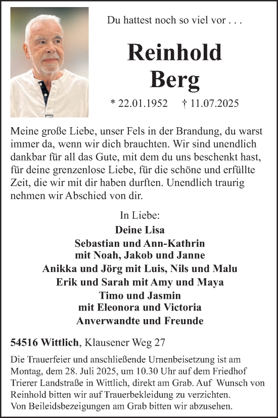 Traueranzeige von Reinhold Berg von WochenSpiegel