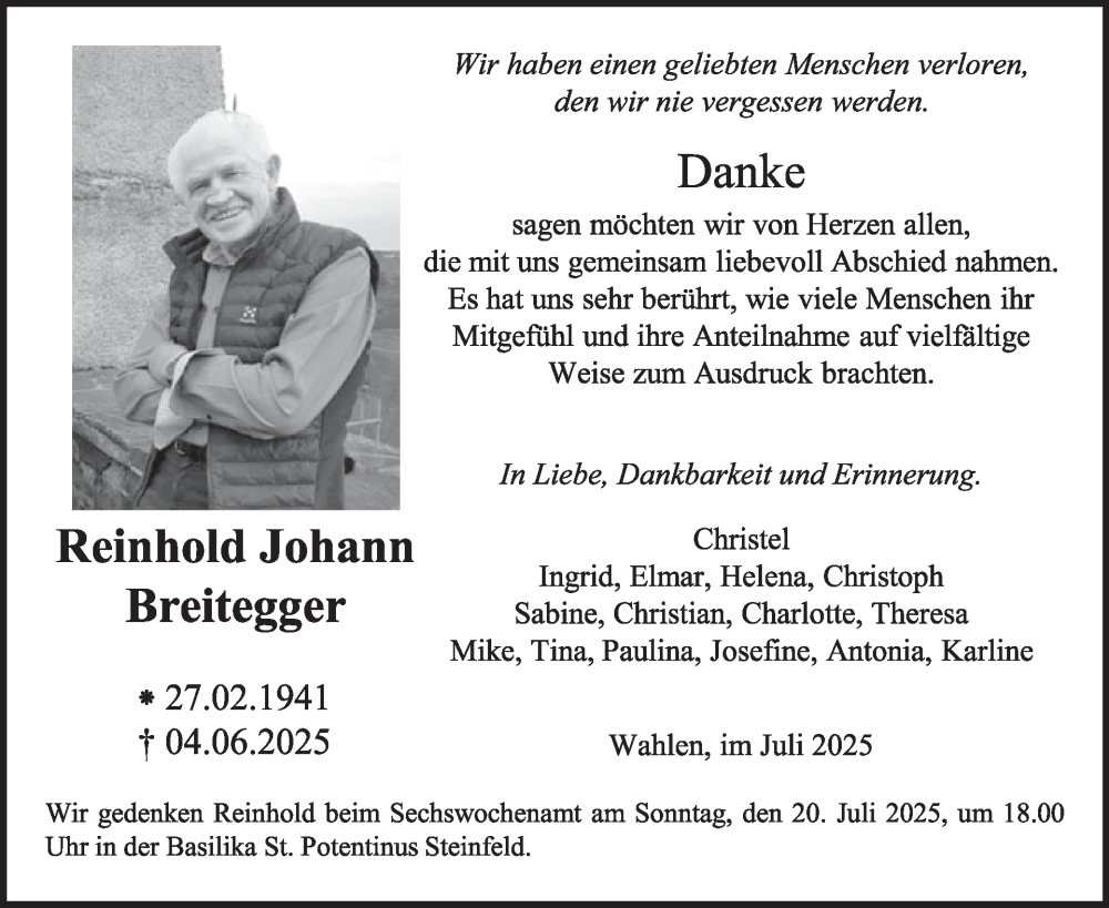  Traueranzeige für Reinhold Johann Breitegger vom 16.07.2025 aus WochenSpiegel