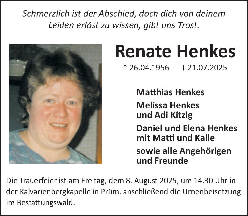  Traueranzeige für Renate Henkes vom 01.08.2025 aus WochenSpiegel