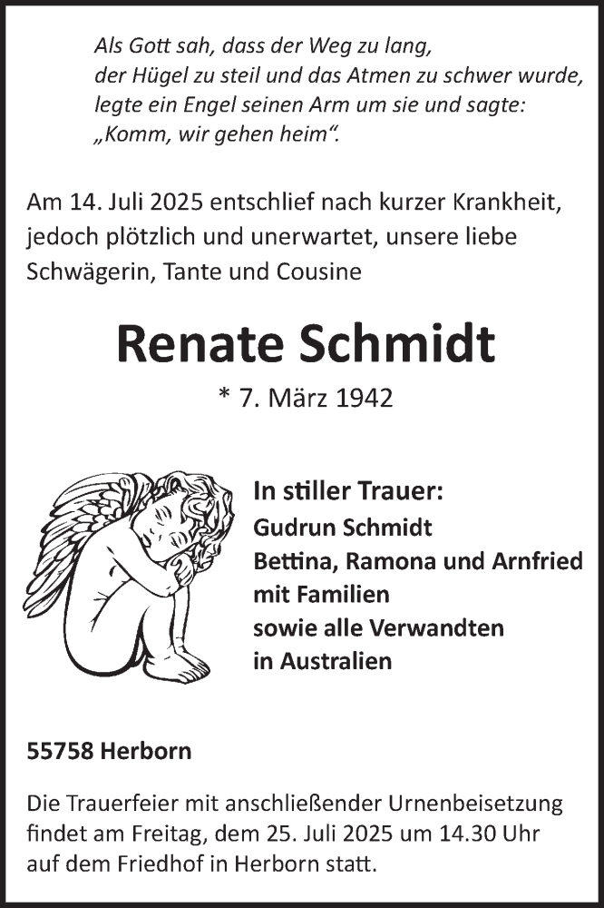  Traueranzeige für Renate Schmidt vom 19.07.2025 aus WochenSpiegel