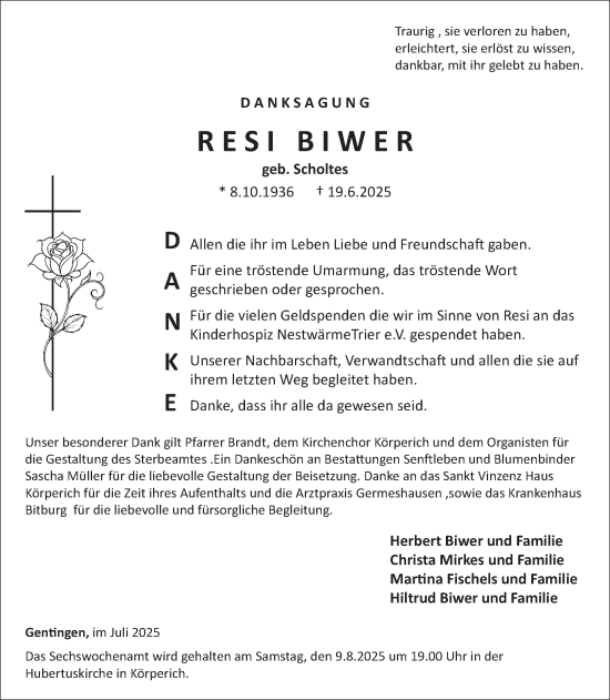 Traueranzeige von Resi Biwer von WochenSpiegel