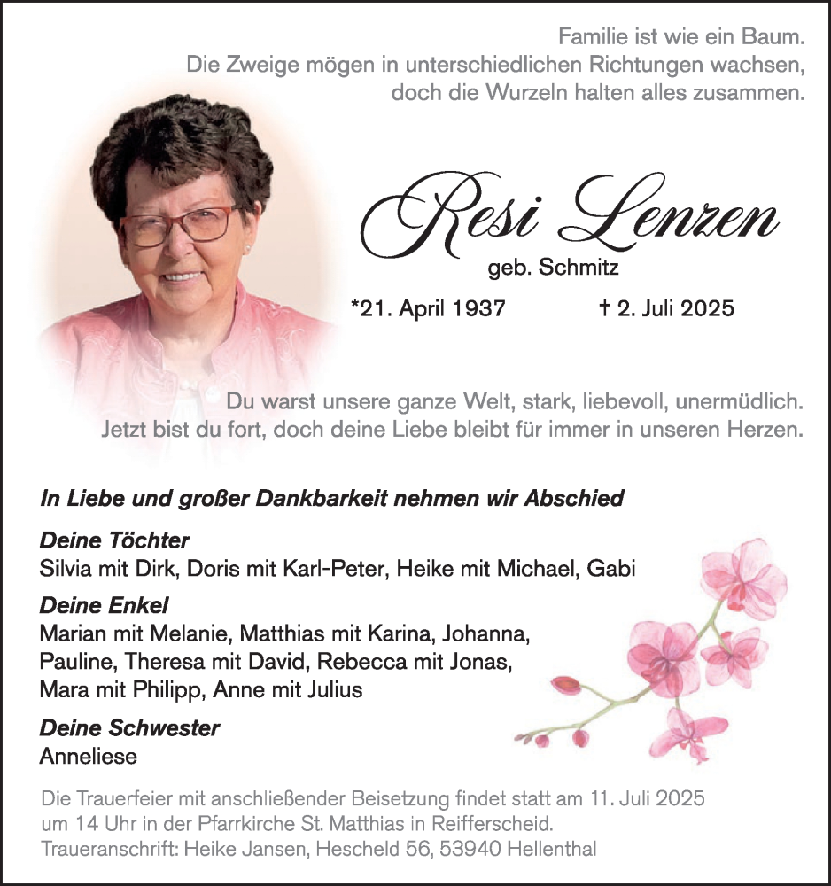  Traueranzeige für Resi Lenzen vom 09.07.2025 aus WochenSpiegel
