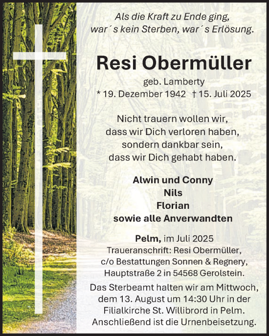 Traueranzeige von Resi Obermüller von WochenSpiegel