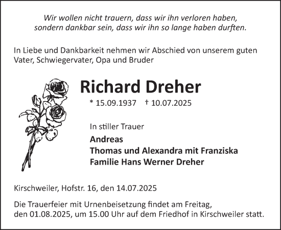 Traueranzeige von Richard Dreher von WochenSpiegel