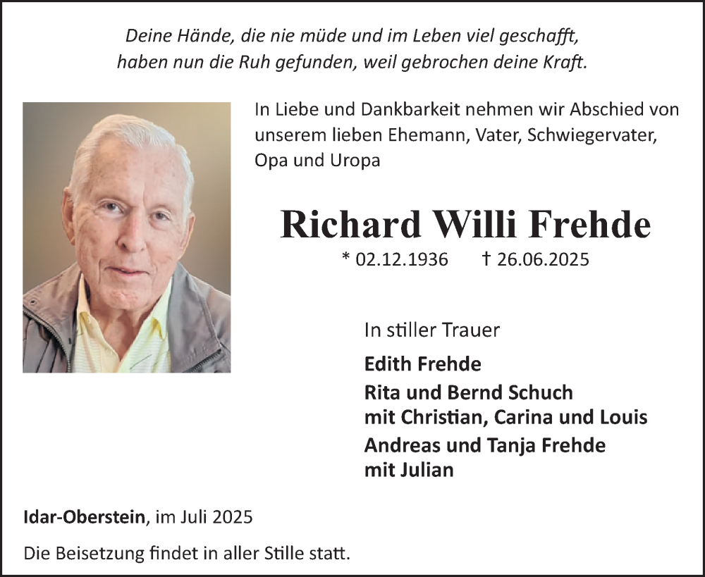  Traueranzeige für Richard Willi Frehde vom 12.07.2025 aus WochenSpiegel