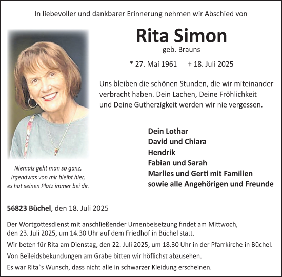 Traueranzeige von Rita Simon von WochenSpiegel