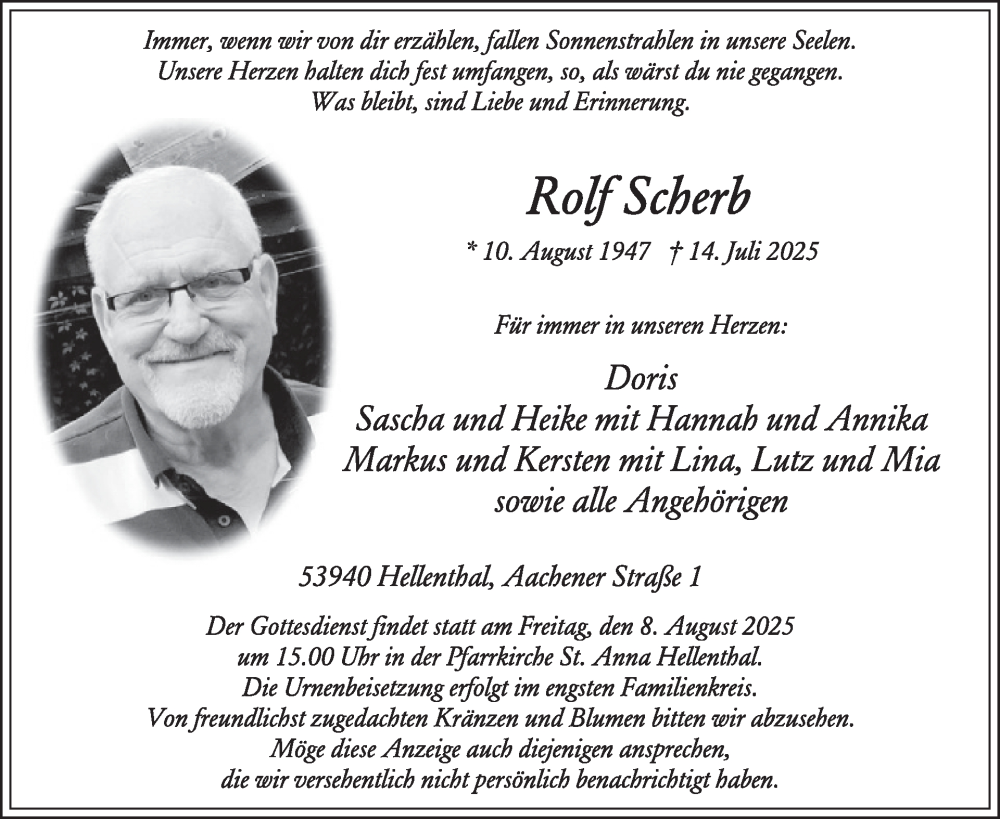  Traueranzeige für Rolf Scherb vom 30.07.2025 aus WochenSpiegel