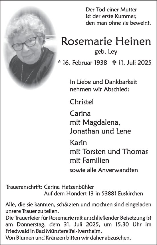 Traueranzeige von Rosemarie Heinen von WochenSpiegel