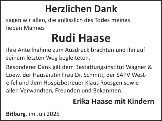 Traueranzeige von Rudolf Haase  von WochenSpiegel