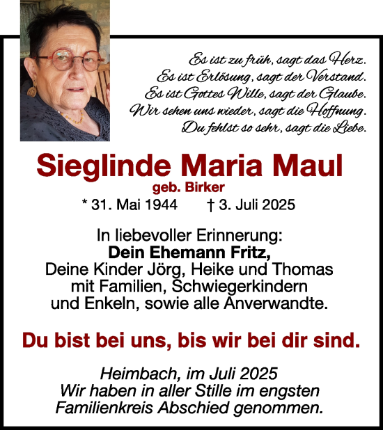 Traueranzeige von Sieglinde Maria Maul von WochenSpiegel