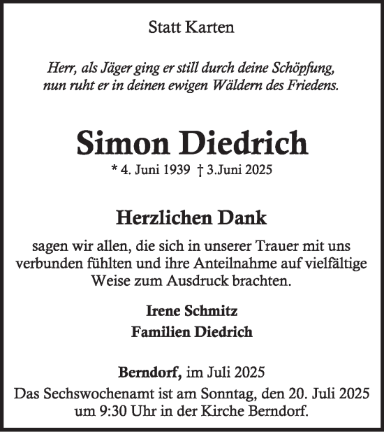 Traueranzeige von Simon Diedrich von WochenSpiegel