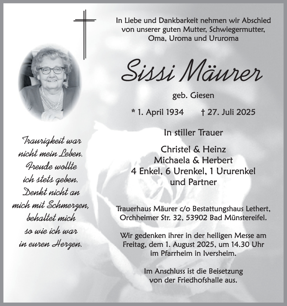  Traueranzeige für Sissi Mäurer vom 30.07.2025 aus WochenSpiegel