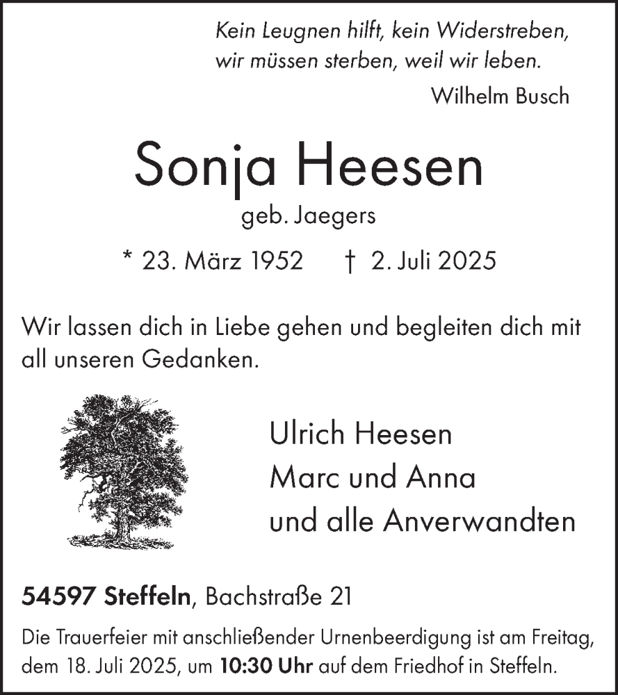  Traueranzeige für Sonja Heesen vom 12.07.2025 aus WochenSpiegel