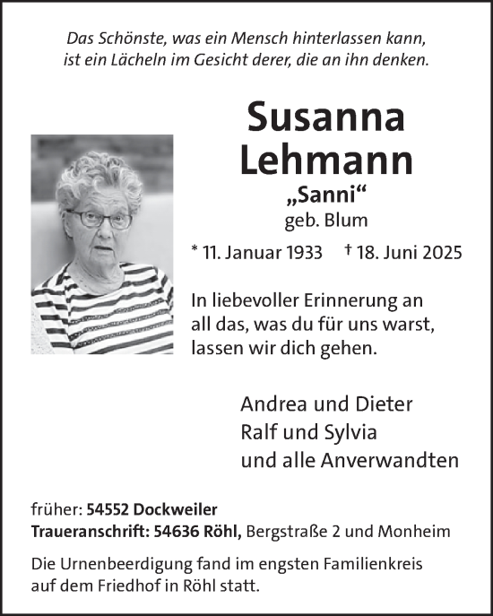 Traueranzeige von Susanna Lehmann von WochenSpiegel