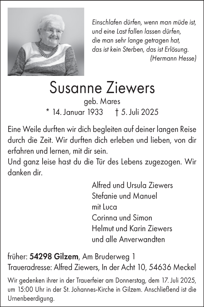  Traueranzeige für Susanne Ziewers vom 11.07.2025 aus WochenSpiegel