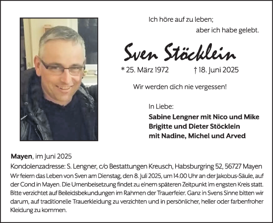 Traueranzeige von Sven Stöcklein von WochenSpiegel