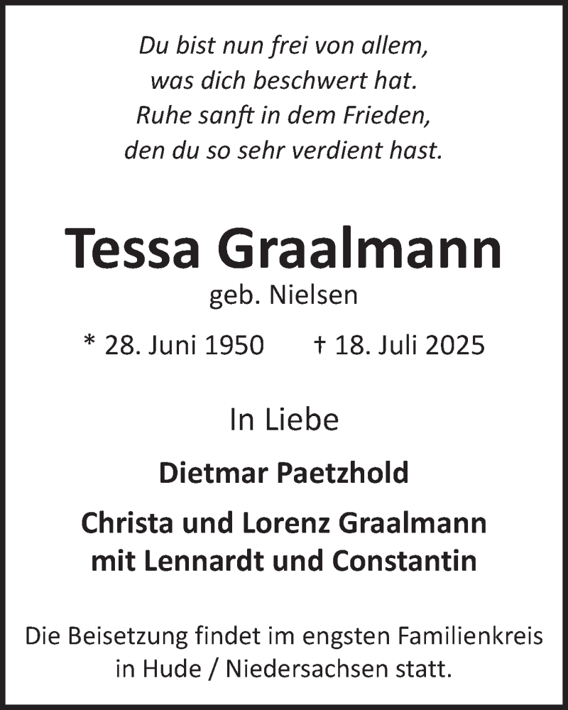  Traueranzeige für Tessa Graalmann vom 30.07.2025 aus WochenSpiegel