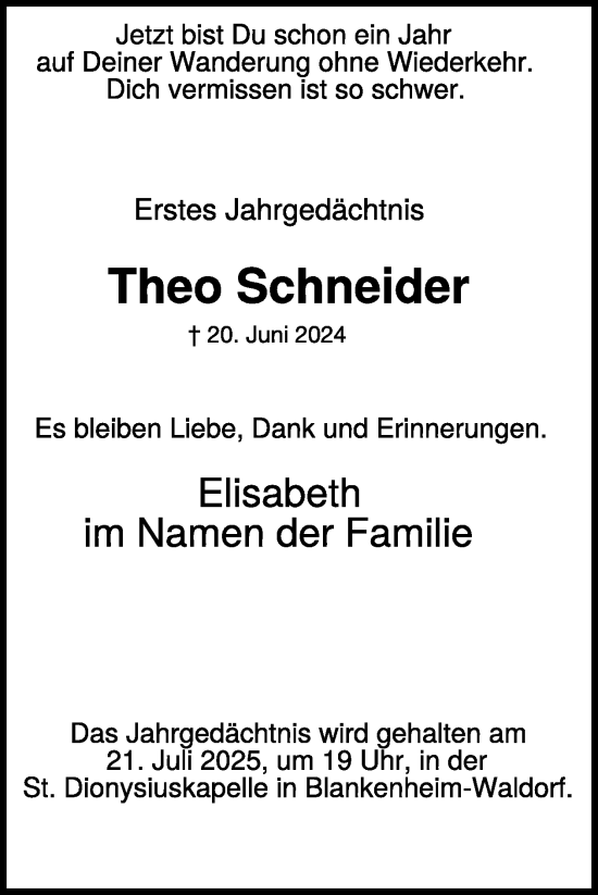 Traueranzeige von Theo Schneider von WochenSpiegel