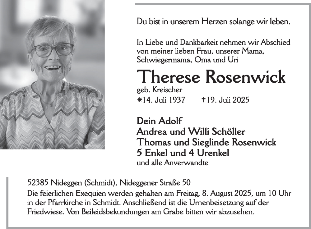  Traueranzeige für Therese Rosenwick vom 30.07.2025 aus WochenSpiegel